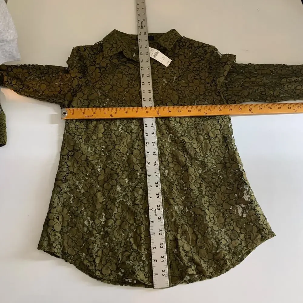 J Crew Top Women 2 Moss Two Piece Classic Fit Button Up Lace Overlay Long Sleeve